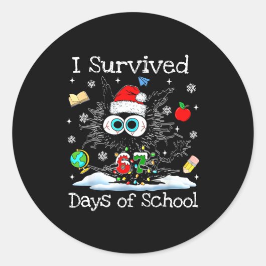 Funny Black Cat Christmas I Survived 67 Days Of Sc Ronde Sticker (Voorkant)