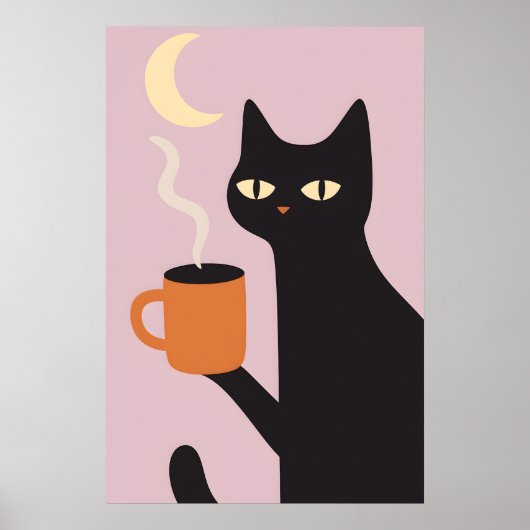 Funny Black Cat Coffee Moon Poster (Voorkant)