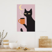 Funny Black Cat Coffee Moon Poster (Keuken)