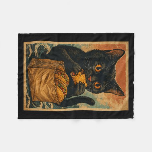 Funny Black Cat Eating Tacos Retro Japanese Fleece Deken (Voorkant (Horizontaal))