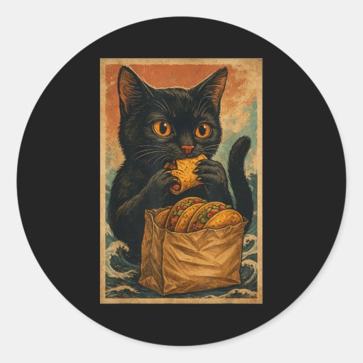 Funny Black Cat Eating Tacos Retro Japanese Ronde Sticker (Voorkant)