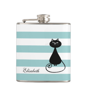 Funny black cat elegant strepen babyblauw monogram heupfles