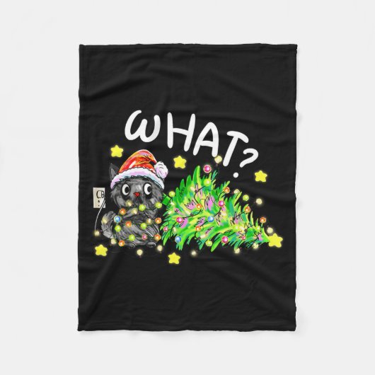 Funny Black Cat Gift Pushing Christmas Tree Over C Fleece Deken (Voorkant)