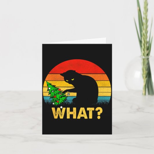 Funny Black Cat Gift Pushing Christmas Tree Over C Kaart (Voorkant)