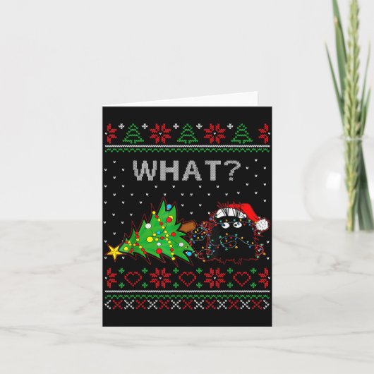 Funny Black Cat Gift Pushing Christmas Tree Over C Kaart (Voorkant)