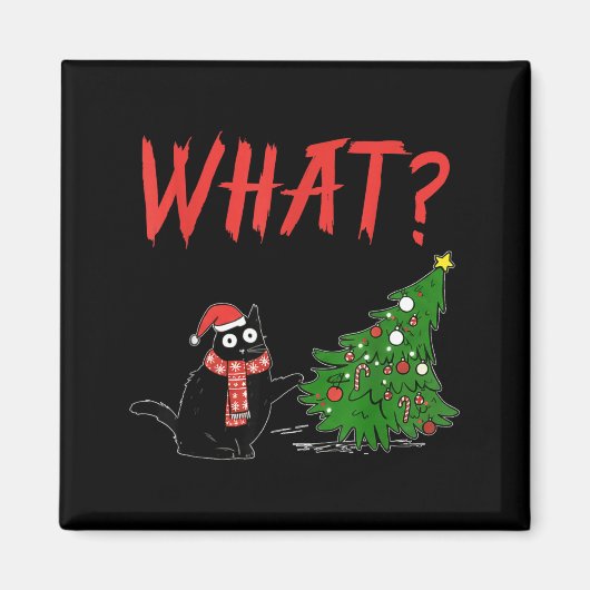 Funny Black Cat Gift Pushing Christmas Tree Over C Magneet (Voorkant)
