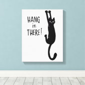 Funny Black Cat Hanging On | Wacht even. Canvas Afdruk (Insitu (Houten vloer))
