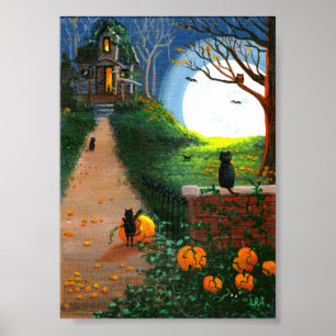 Funny Black Cat Haunted House Treationarts Poster