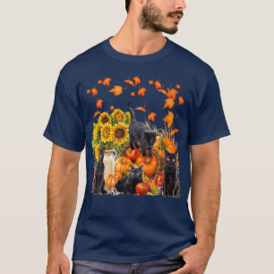Funny Black Cat Leaf Herfst Hallo herfst Cute Ki T-shirt