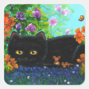 Funny Black Cat Mice Flowers Creationarts Vierkante Sticker