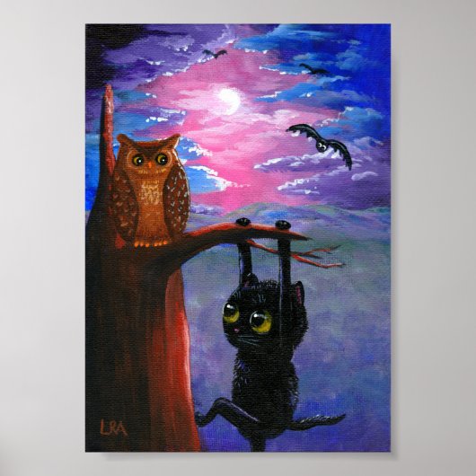 Funny Black Cat Owl Herfst Moon Creationarts Poster (Voorkant)