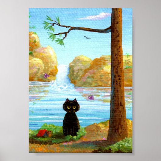 Funny Black Cat Poster Print Waterfall Lake (Voorkant)