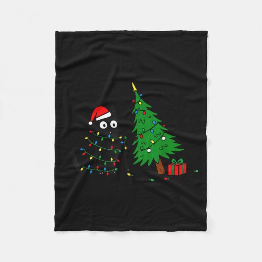 Funny Black Cat Pushing 67 Christmas Tree Over Cat Fleece Deken (Voorkant)