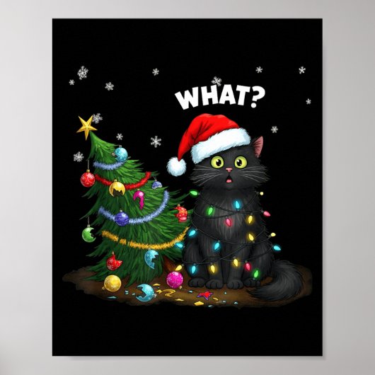 Funny Black Cat Pushing Christmas Tree  Poster (Voorkant)