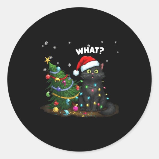 Funny Black Cat Pushing Christmas Tree  Ronde Sticker (Voorkant)