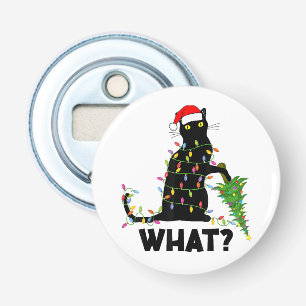 Funny Black Cat Pushing-kerstboom over Cat Ch Button Flesopener