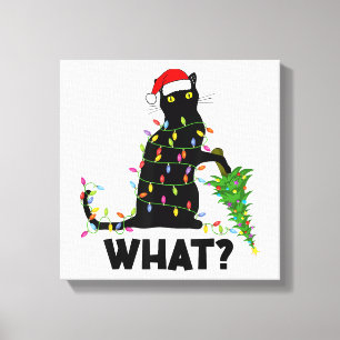 Funny Black Cat Pushing-kerstboom over Cat Ch Canvas Afdruk