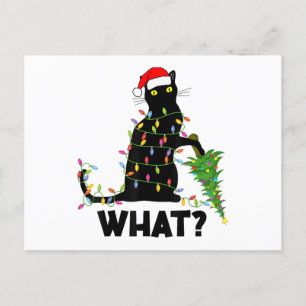 Funny Black Cat Pushing-kerstboom over Cat Ch Feestdagenkaart