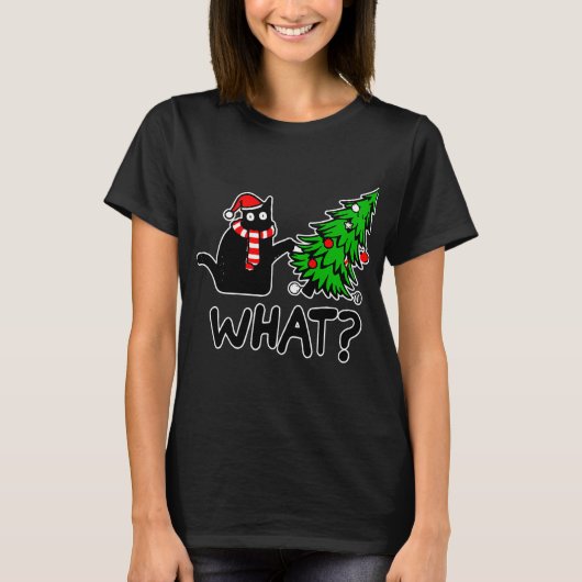 Funny Black Cat Pushing-kerstboom T-shirt (Voorkant)