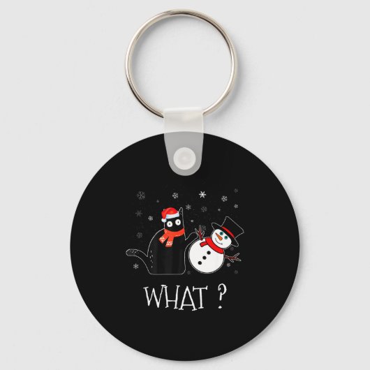 Funny Black Cat Pushing Snowman Christmas Winter C Sleutelhanger (Voorkant)