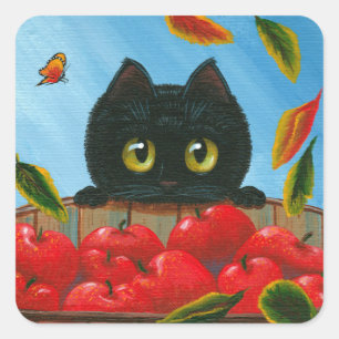 Funny Black Cat Red Apples Creationarts Square Sti Vierkante Sticker