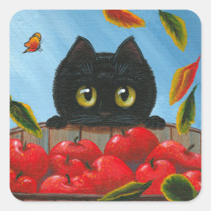 Funny Black Cat Red Apples Creationarts Vierkante Sticker