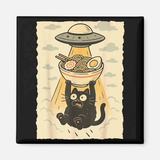 Funny Black Cat Ufo Ramen Alien Abduction Graphic  Magneet (Voorkant)