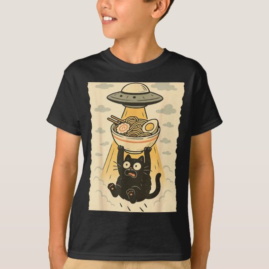 Funny Black Cat Ufo Ramen Alien Abduction Graphic  T-shirt (Voorkant)