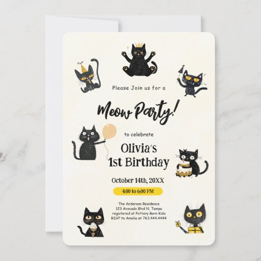 Funny Black Kitty 1er Anniversaire Fête Invitation (Devant)