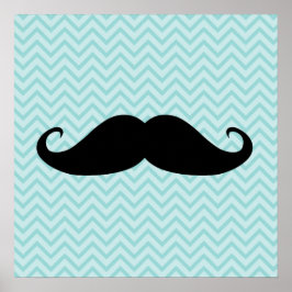 Funny Black Mustache en Blue Chevron Pattern Poster