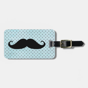 Funny Black Mustache op Blauwgroen blauwe pokadots Bagagelabel