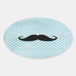 Funny Black Mustache op Blauwgroen blauwe pokadots Ovale Sticker