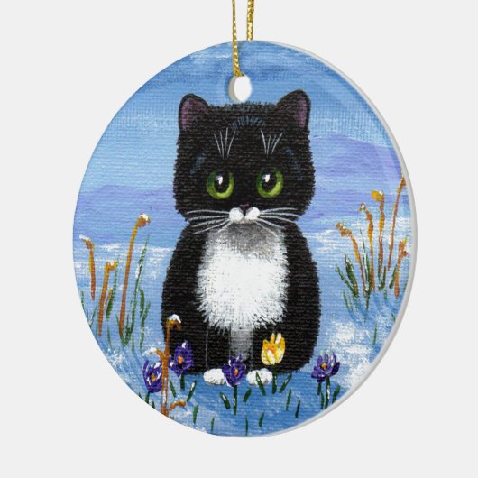 Funny Black Tuxedo Cat Winter Snow Creationarts Keramisch Ornament (Links)