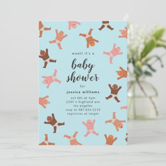 Funny Blue Boy Shower of Babies Invitation (Debout devant)