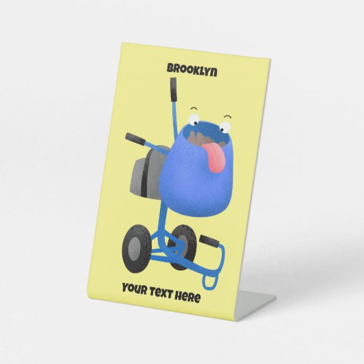 Funny blue cement mixer cartoon illustratie reclamebord met voetstuk (Voorkant)