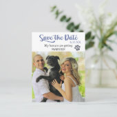 Funny Blue Text Save the Wedding Date with Dog Briefkaart (Staand voorkant)
