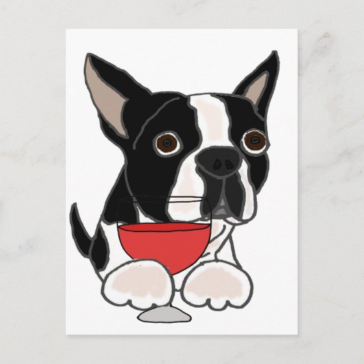 Funny Boston Terrier Dog Drink wijnkunst Briefkaart (Voorkant)