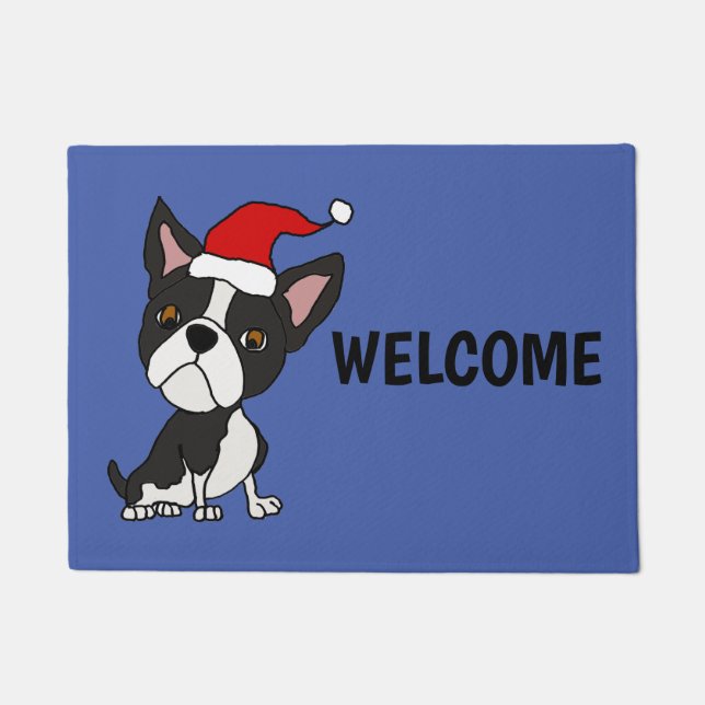 Funny Boston Terrier Dog in Santa Hat Kerstmis Deurmat (Voorkant)