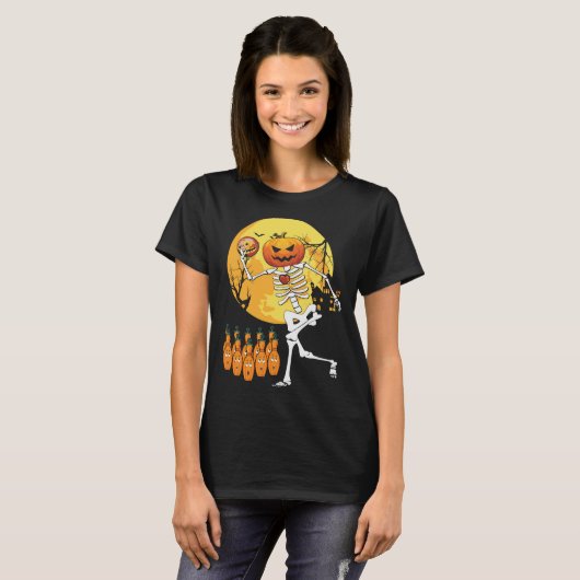 Funny Bowling Skeleton Halloween Dancing T-shirt (Voorkant volledig)