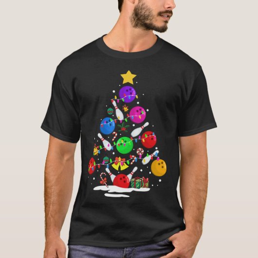Funny Bowling Ugly Christmas Tree Lights Xmas For  T-shirt (Voorkant)