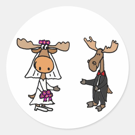 Funny Bride en Groom Moose Wedding Ronde Sticker (Voorkant)