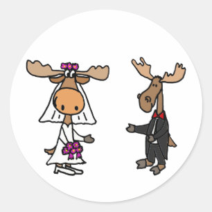 Funny Bride en Groom Moose Wedding Ronde Sticker