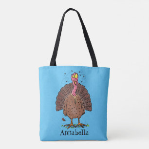 Funny brown farmyard turkey met vliegende cartoon draagtas