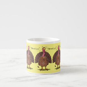 Funny brown farmyard turkey met vliegende cartoon espresso kop