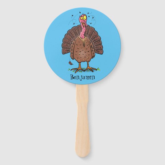 Funny brown farmyard turkey met vliegende cartoon handwaaier (Voorkant)