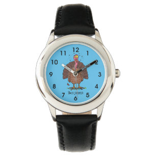 Funny brown farmyard turkey met vliegende cartoon horloge