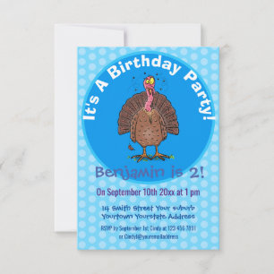 Funny brown farmyard turkey met vliegende cartoon kaart