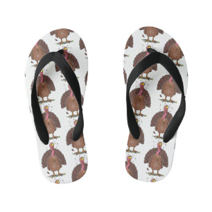 Funny brown farmyard turkey met vliegende cartoon kinder teenslippers