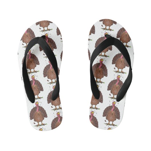 Funny brown farmyard turkey met vliegende cartoon kinder teenslippers (Voetbed)