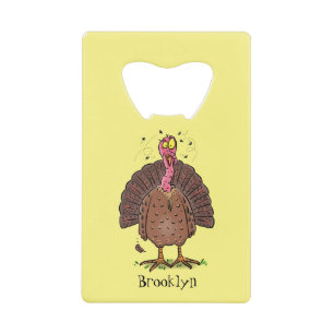 Funny brown farmyard turkey met vliegende cartoon kredietkaart flessenopener